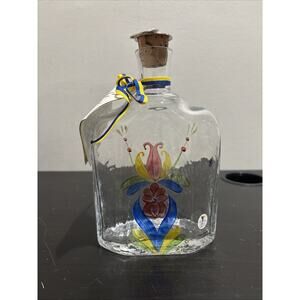 Vintage Sea Glas Bruk KOSTA Sweden Decanter Hand Painted Floral Cork Bottle New